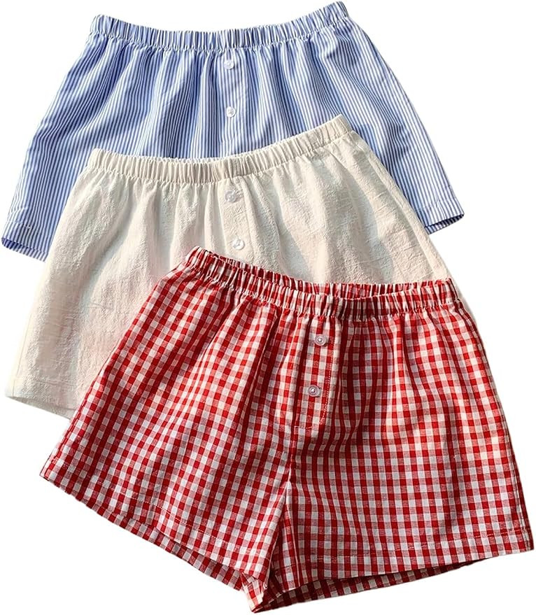 MakeMeChic Women's 3 Pack Linen Shorts Plaid Gingham Striped Summer Beach Shorts | Amazon (US)