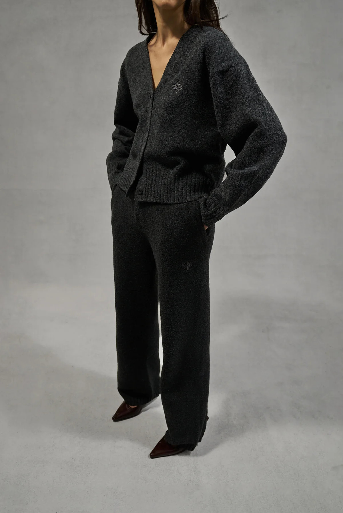 FLUFFY KNIT EMBLEM EMBROIDERED JOGGER - CHARCOAL | The Couture Club
