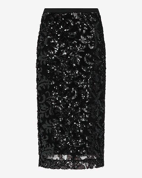 High Waisted Printed Sequin Midi Skirt | Express