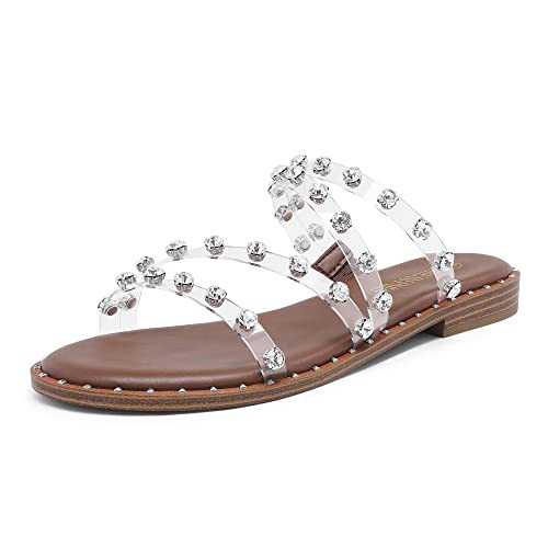 DREAM PAIRS Women's Clear Studded Rhinestone Slide Sandals Slip on Open Toe Cute Flat Sandals for Summer, Size 7, Clear/Rhinestone, SDSS2213W | Amazon (US)