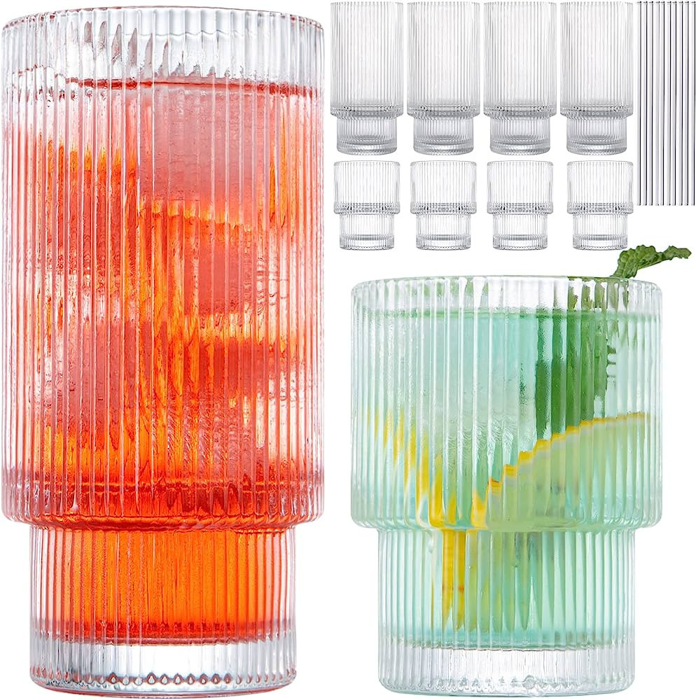 Claplante Drinking Glasses, Origami Style 8 pcs Glass Cups with straw , 4 Highball Glasses & 4 Ro... | Amazon (US)