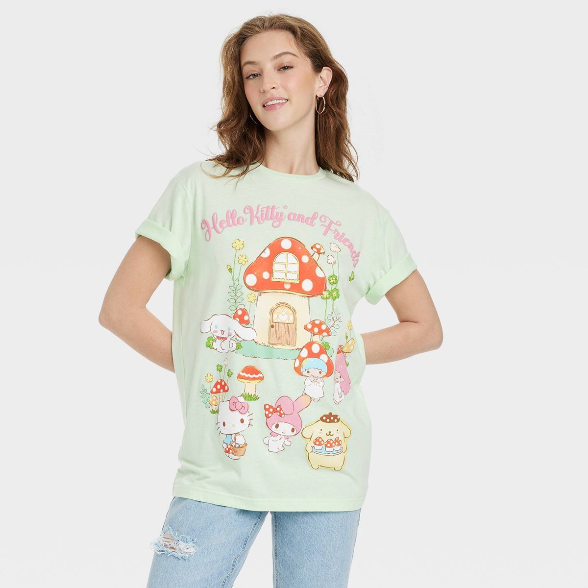 Women's Hello Kitty and Friends Mushroom Oversized Short Sleeve Graphic T-Shirt - Aqua Green | Target