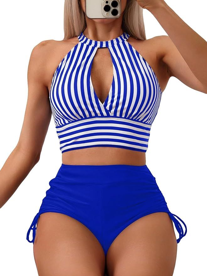 SOLY HUX Women's Tankini Set Striped Cut Out Tops and Drawstring Side Shorts Bikini Bathing Suits... | Amazon (US)