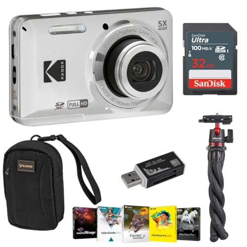 Kodak PIXPRO FZ55 Friendly Zoom Digital Camera, Silver Bundle with 32GB Memory Card, Camera Bag, Tripod, Photo Editing Software, Card Reader | Amazon (US)