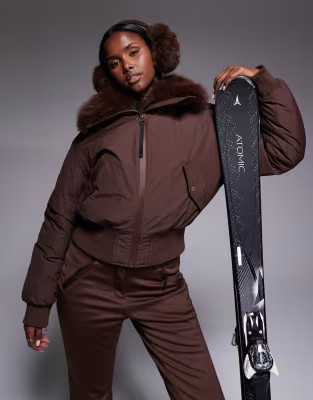 ASOS 4505 Ski cropped bomber jacket with faux-fur collar in coffee | ASOS (Global)