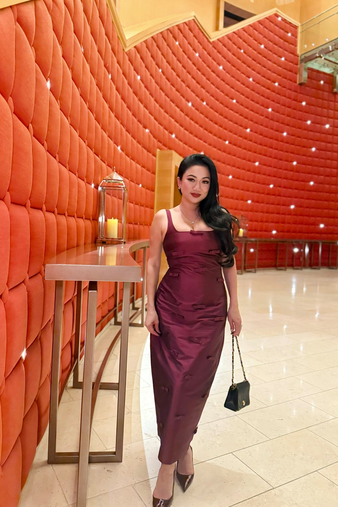 Lovaan Camilla Bow-Embellished Midi Dress // Shealth midi dress with allover bow embellishments in Burgundy. Wearing sz 6, runs small in the bust.

#LTKHoliday #LTKootd #LTKgrwm