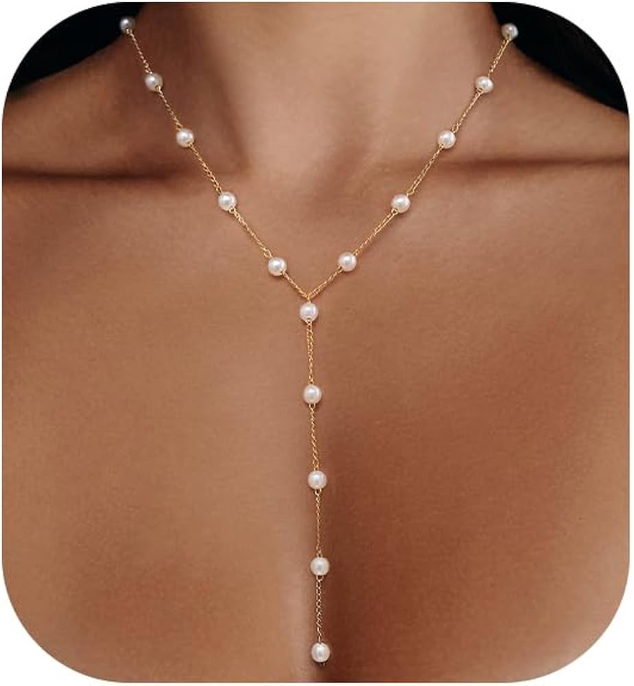 Voduim Pearl Necklace, 14K Gold Or White Gold Plated Pearl Dainty Necklace for Women Pearl Y-Neck... | Amazon (US)