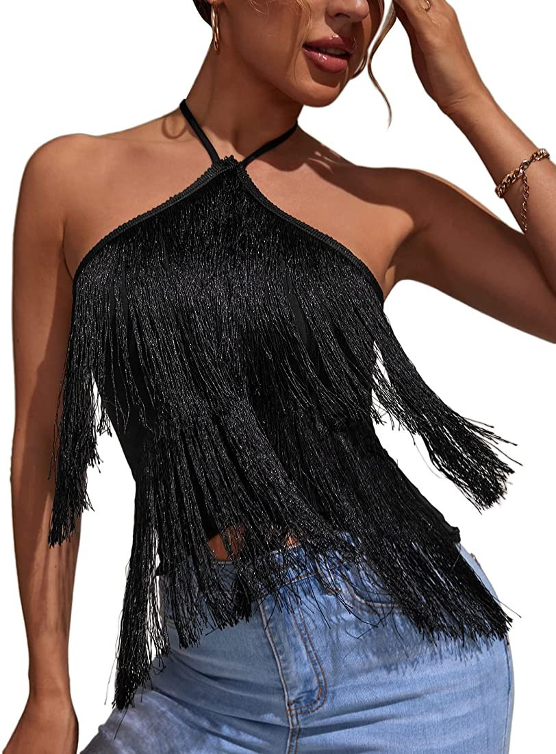 SheIn Women's Fringe Halter Tops Sleeveless Backless Solid Cami Top Camisole | Amazon (US)