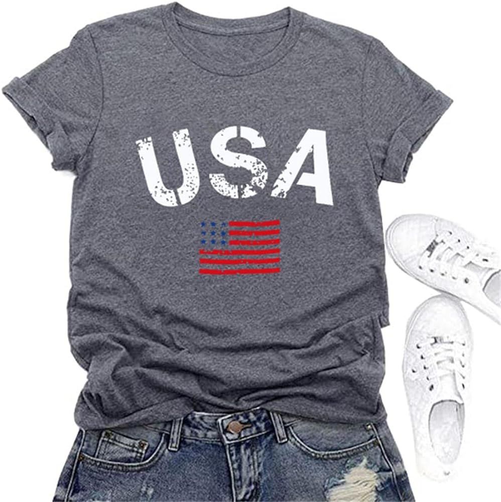 USA Flag Tee Shirt for Women 4th of July Gift T Shirt American Short Sleeve Patriotic Tops | Amazon (US)