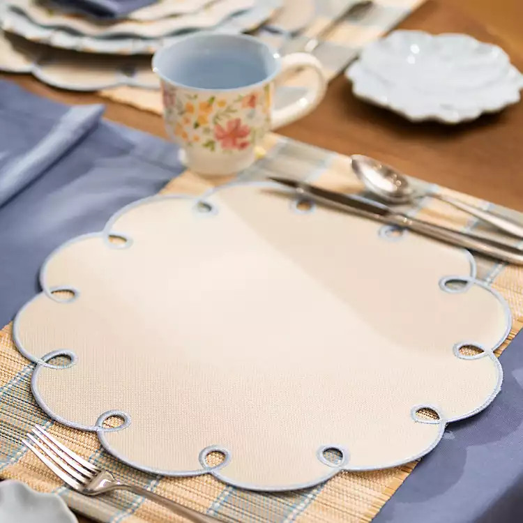 New! Round Scalloped Blue Trim Placemat | Kirklands