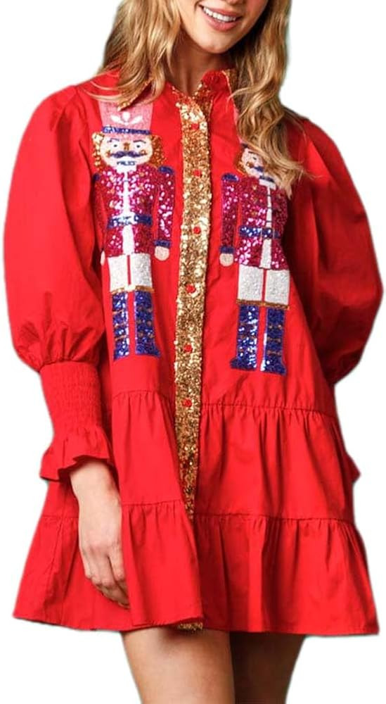 Womens Sequin Christmas Costume Nutcracker Shirt Dress Sparkle Holiday Santa Cocktail Sweatshirt ... | Amazon (US)