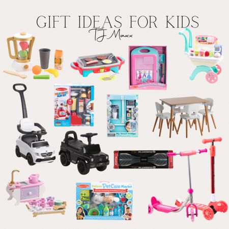 Gift ideas for kids from tj maxx. Ride on cars, scooters, pretend play, tea set, kids table and chairs, pretend fridge, pretend blender, toy ice cream cart, toy griddle, rip stik 

#LTKHoliday #LTKkids #LTKunder50