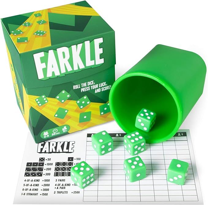 Brybelly Farkle: The Classic Family Dice Game | Set Includes Dice Cup, Set of 6 Green Dice, 25 Sc... | Amazon (US)
