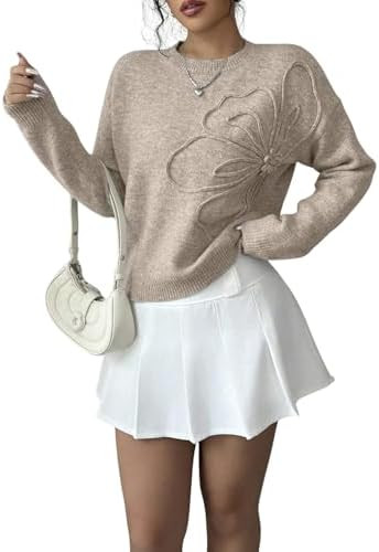 Verdusa Women's Spring 3D Flower Appliques Crewneck Sweaters Long Sleeve Drop Shoulder Pullovers ... | Amazon (US)