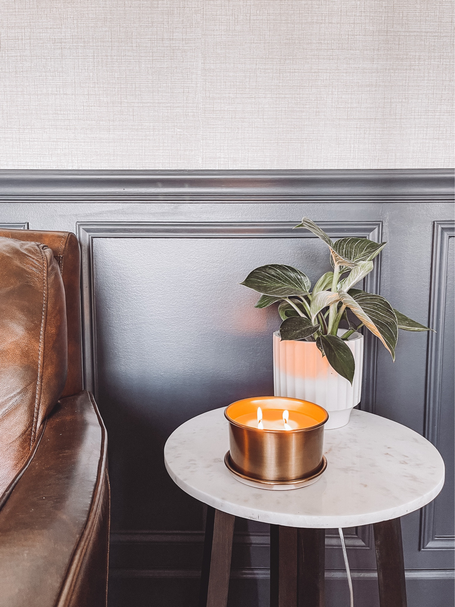 Cozy home office 

Target find, leather chair, crosshatch wallpaper, marble to side table 

Paint color:Valspar Chimney Smoke 

#LTKFind #LTKstyletip #LTKhome