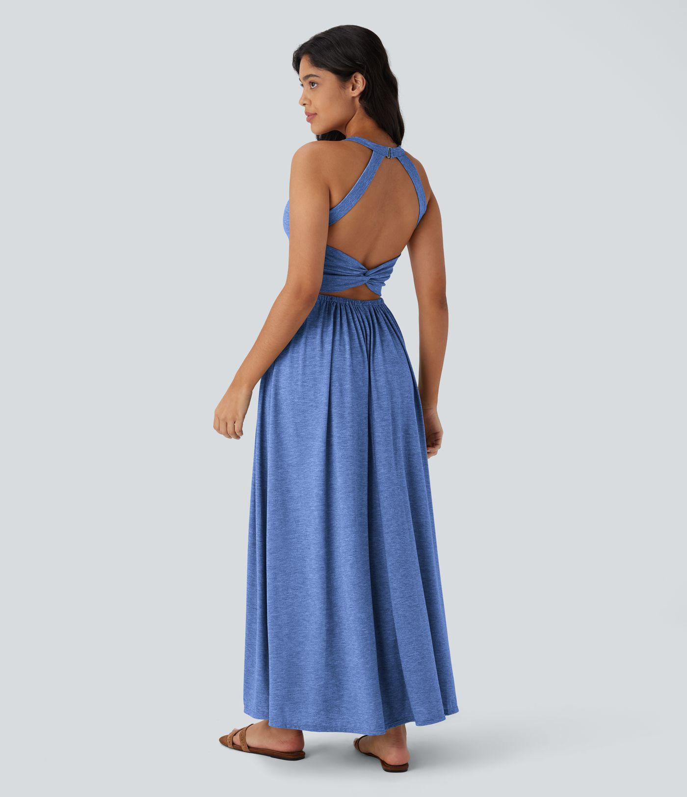 Twisted Backless Split Flowy Maxi Resort Dress with Pockets | HALARA