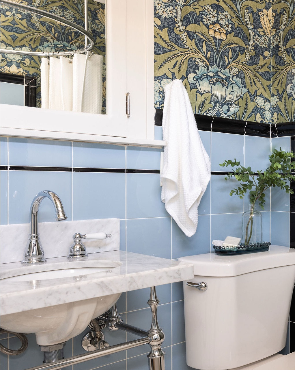 Shop the blue bathroom at the Wellesley Tudor Revival 🌙 