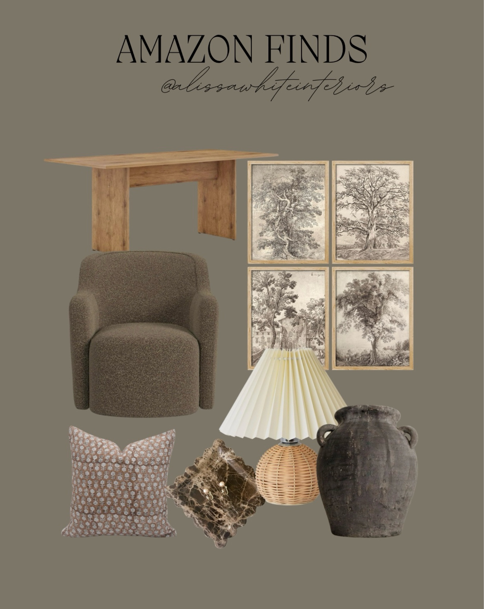 Amazon finds in my cart. Vintage art, vintage pottery, table lamp, travertine tray, block print pillow, wood dining table, boucle chair. 

#LTKhome #LTKsalealert #LTKMostLoved