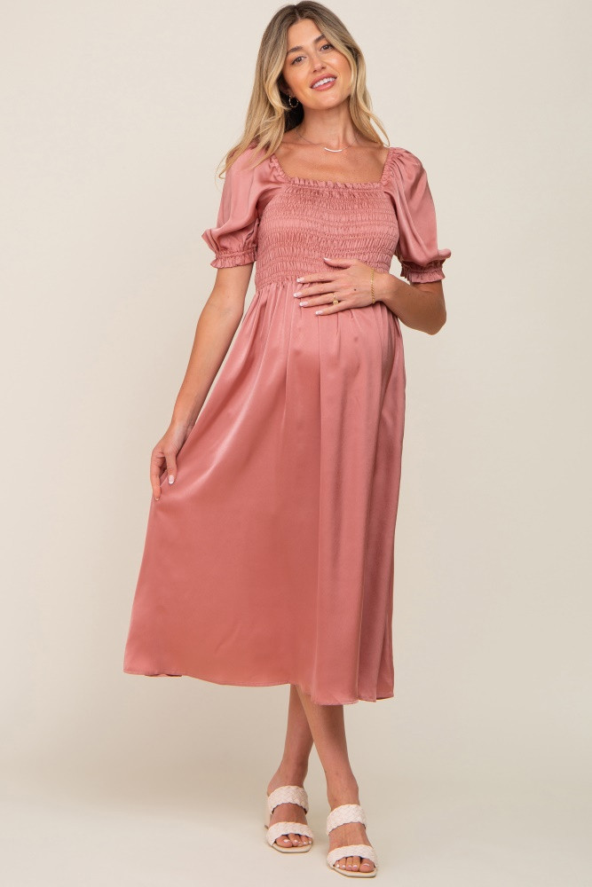 Pink Satin Puff Sleeve Maternity Midi Dress | PinkBlush Maternity
