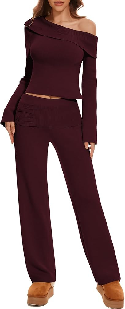 Lounge Sets for Women 2 Piece Off Shoulder Cropped Sweater Wide Leg Pants Knit Sets Casual Y2K Ou... | Amazon (US)
