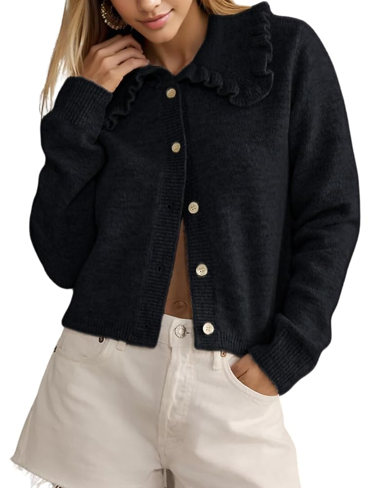 InterNos Womens Y2k Ruffled Collar Cardigan Sweaters Classic Button Down Long Sleeves Fall Sweate... | Amazon (US)