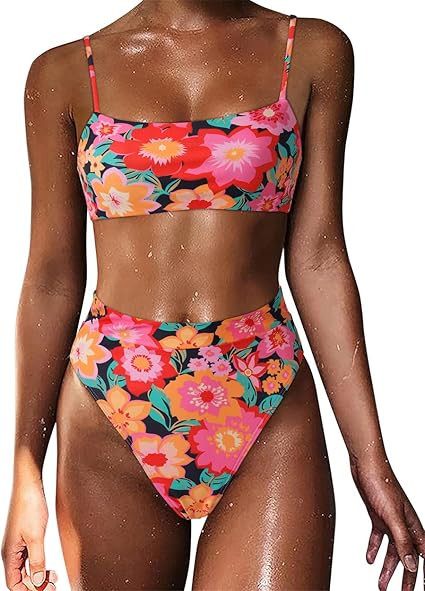 MOSHENGQI Women High Wasited Bikini Shoulder Strap 2 Piece High Cut String Swimsuits | Amazon (US)