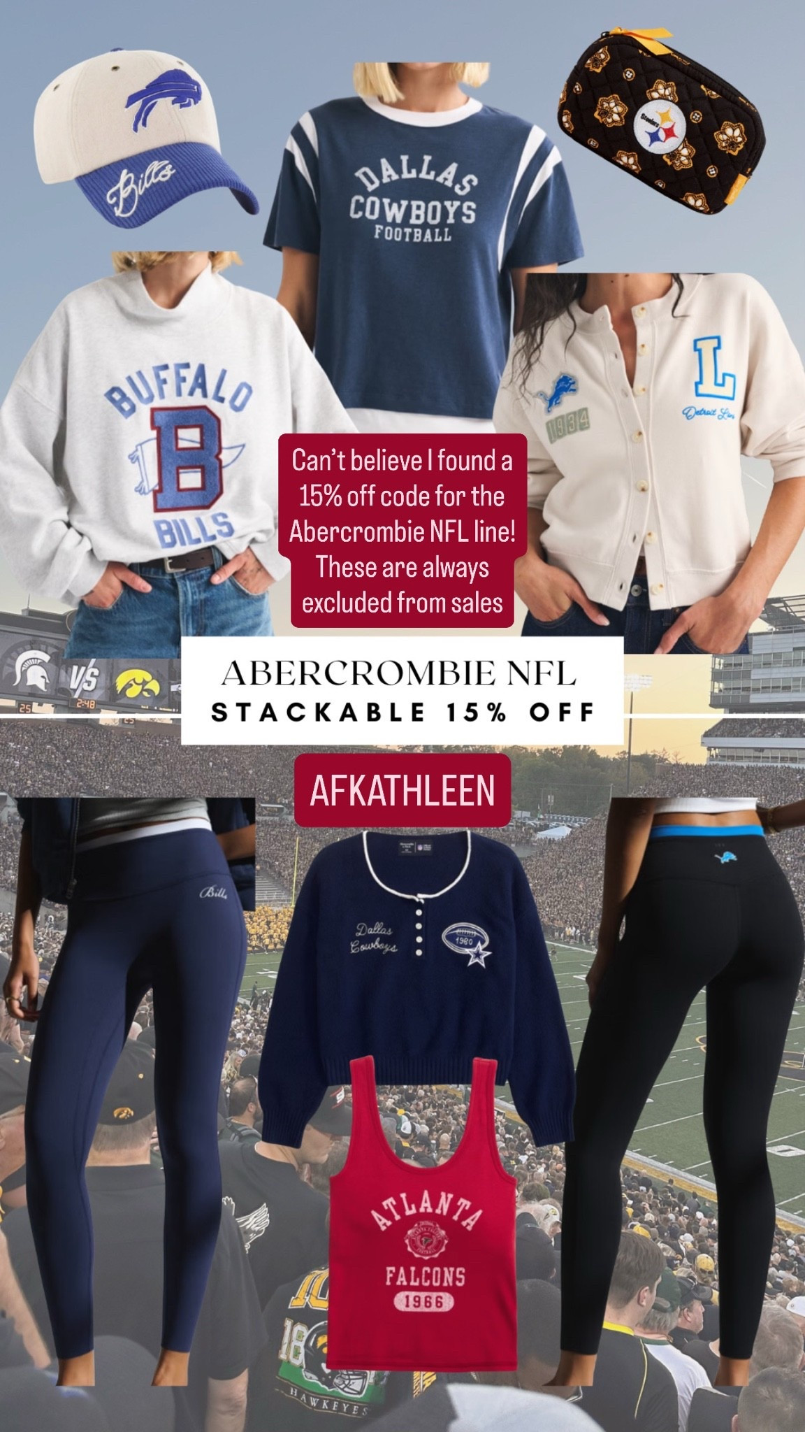 15% off Abercrombie NFL line! These are always excluded from sales and promotions! Women’s football gear

#LTKSaleAlert #LTKActive #LTKootd