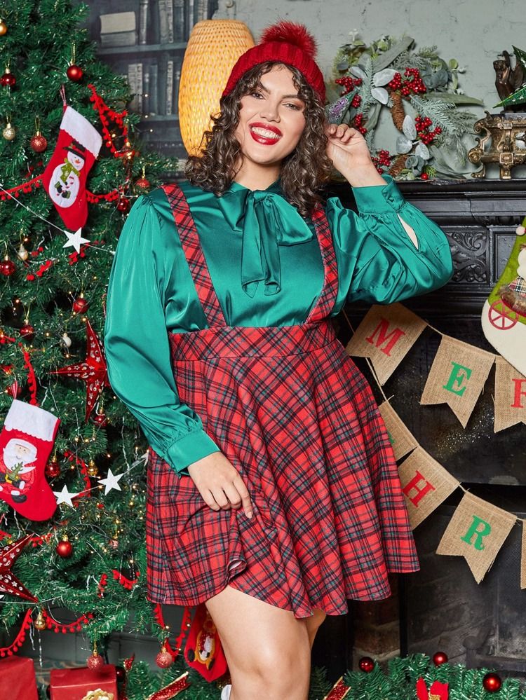 SHEIN Plus Tie Neck Blouse & Tartan Print Suspender Skirt | SHEIN