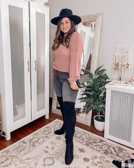 Fall outfit, waffle knit top, gray denim jeans, over the knee boots, wide brim fedora, vegan leather quilted purse, amazon style, target style 

#LTKcurves #LTKshoecrush #LTKunder50