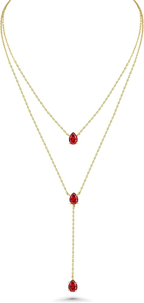 Long 18K Gold Plated Blue Green Red Layered Pendant Necklace For Women (Emerald, Ruby, Seafoam, S... | Amazon (US)