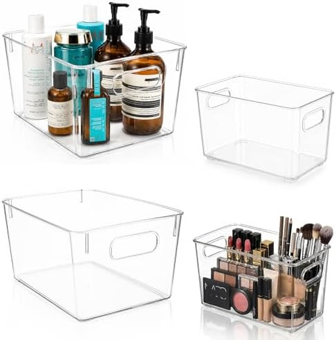 MOONEDGE Set of 4 Clear Plastic Organizer Bins, 2 Large & 2 Small Storage Bins for Pantry, Nestab... | Amazon (US)