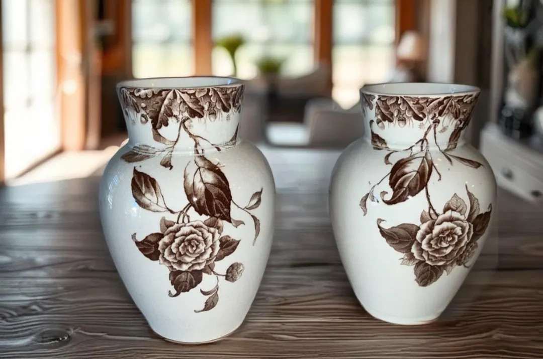 Set of Two Brown Transferware Ceramic Vases | Etsy (US)