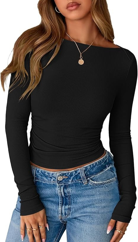 FreshPretty Womens Long Sleeve Tops Fall Fashion Ribbed Slim Fit Y2K Boat Neck T Shirts Casual Go... | Walmart (US)