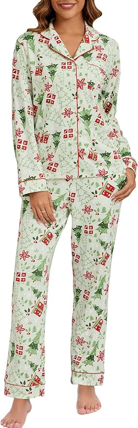LUBOT 2024 Christmas Pajamas 100% Cotton Womens Pajamas Set 2 Piece Soft Button-Down Xmas PJs Set... | Amazon (US)