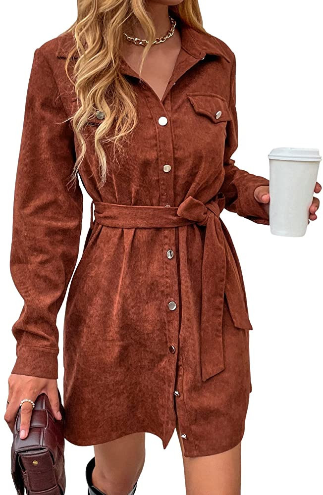WDIRARA Women's Corduroy Button Up Belted Collar Long Sleeve Shirt Dress | Amazon (US)