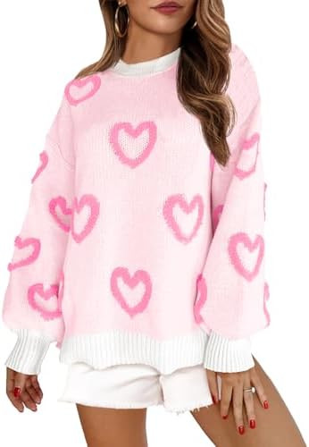 Saodimallsu Womens Heart Sweater Valentines Oversized Cute Winter Chunky Knit Crew Neck Side Slit... | Amazon (US)