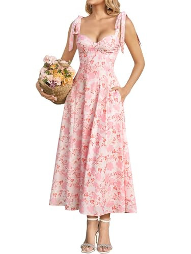 KUTUMAI Floral Corset Midi Dress Tie Shoulder Flowy Summer Wedding Guest Dresses for Women Sundress with Pockets PinkFloral M | Amazon (US)