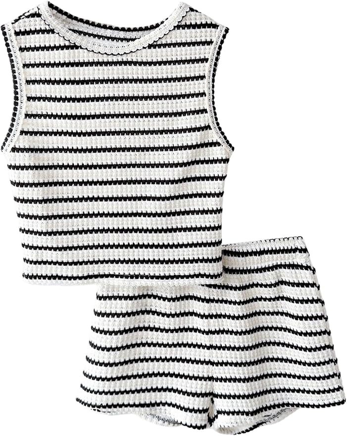 SOLY HUX Girl's 2 Piece Outfits Striped Sleeveless Tank Tops and Shorts Casual Summer Clothing Se... | Amazon (US)