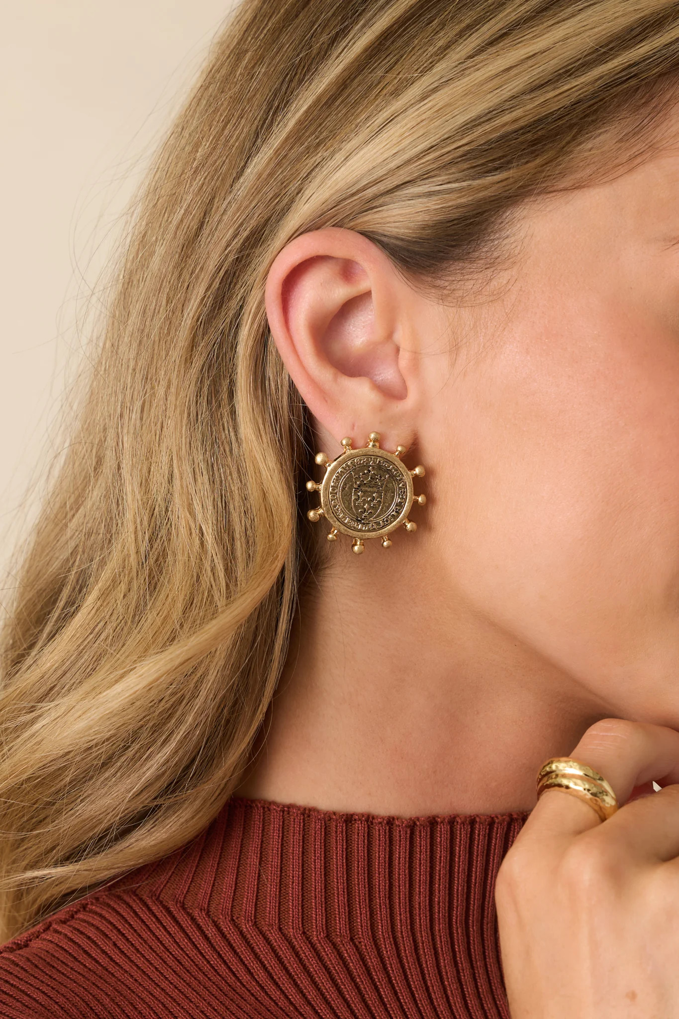 Step Aside Worn Gold Coin Embossed Medallion Earrings | Red Dress