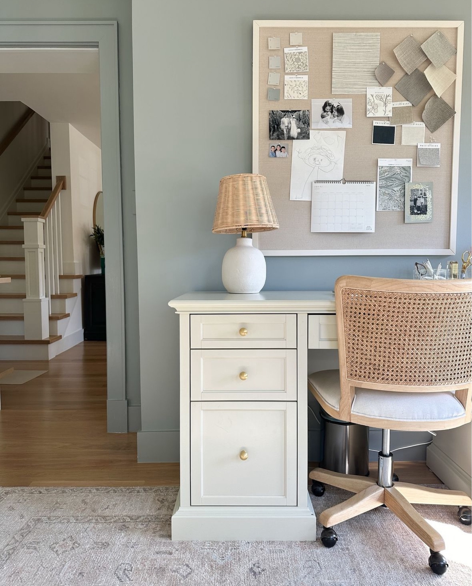 Home office design, cane office chairs, off white executive desk with file storage, oversized linen pinboard , home office, Boothbay Gray paint

#LTKStyleTip #LTKSaleAlert #LTKHome