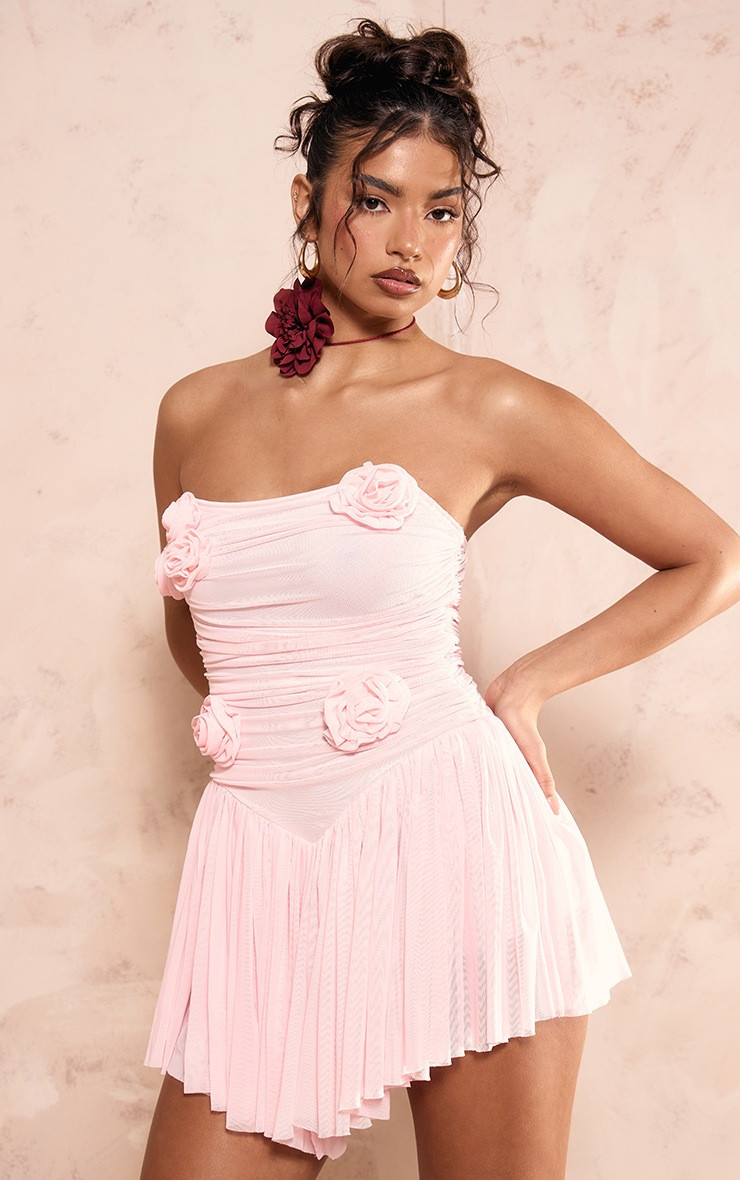 Pink Corsage Wired Pleated Playsuit | PrettyLittleThing UK