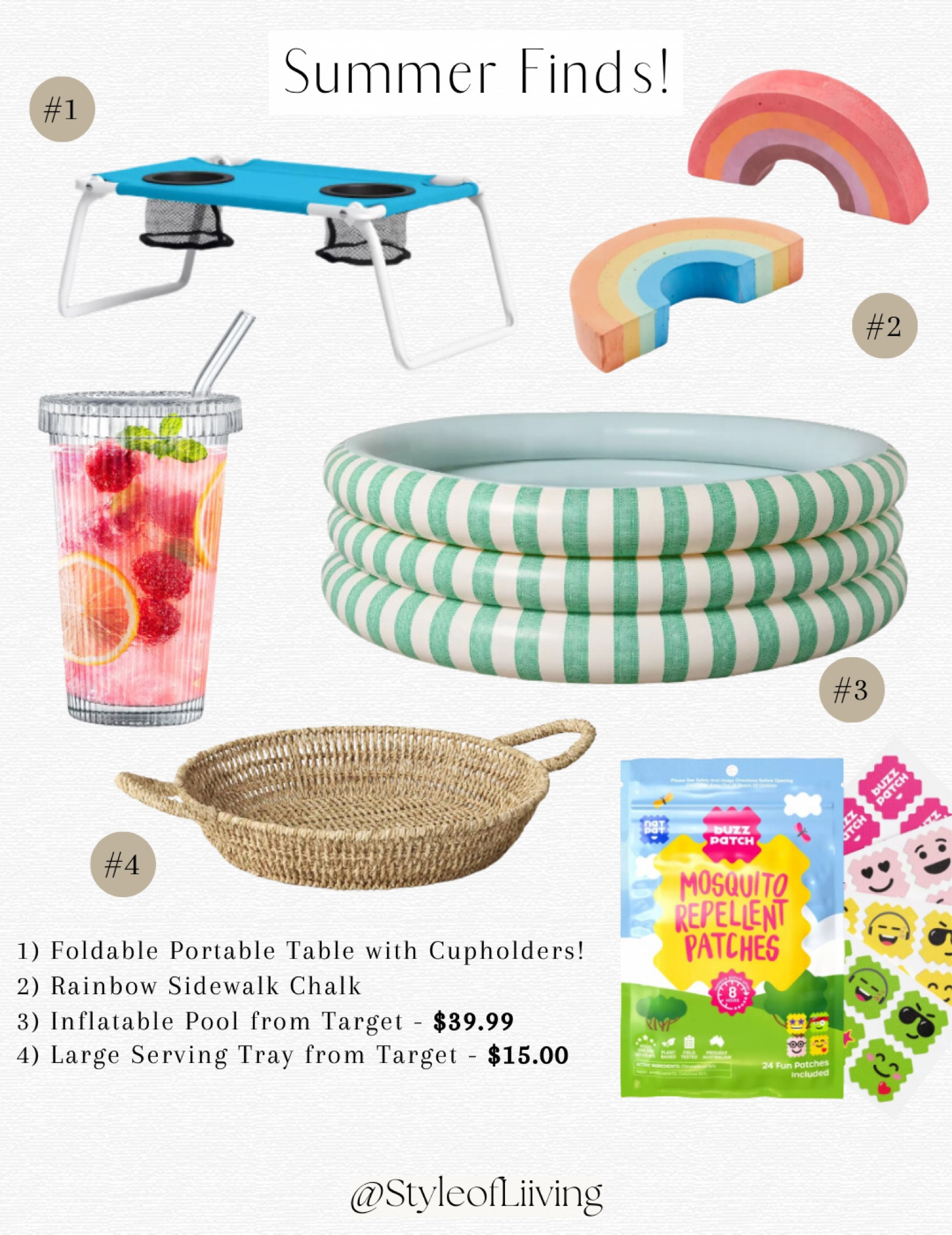 Curated summer finds! Inflatable pool, serving tray, clear tumbler, rainbow shaped sidewalk chalk, portable outdoor table, mosquito repellent stickers. #outdoor #kids #funinthesun

#LTKGiftGuide #LTKKids #LTKSeasonal