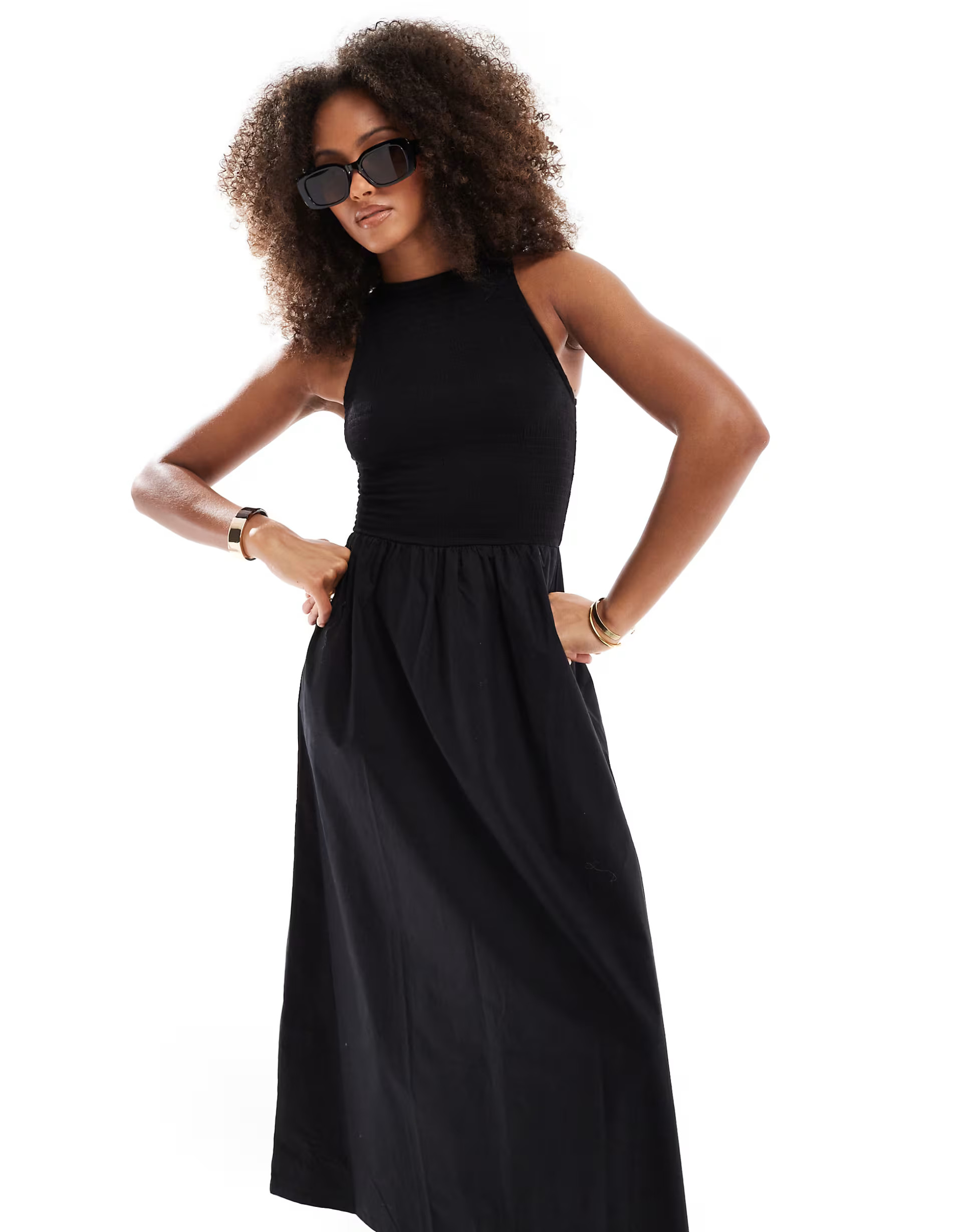 ASOS DESIGN racer crinkle bodice poplin skirt midi dress in black | ASOS | ASOS (Global)