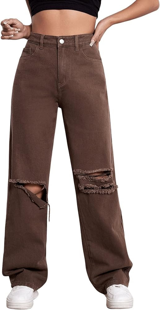 SweatyRocks Women's Casual Loose Ripped Denim Pants Distressed Wide Leg Jeans | Amazon (US)