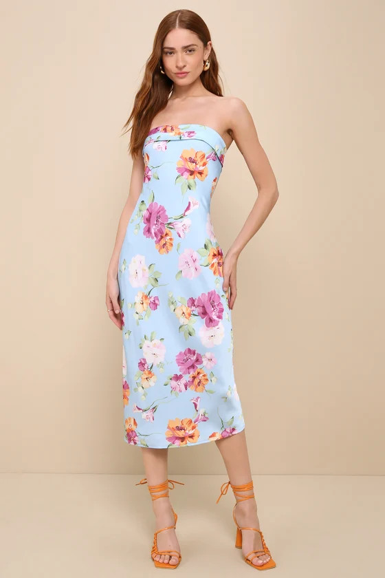 Sophisticated Design Light Blue Floral Strapless Midi Dress | Lulus