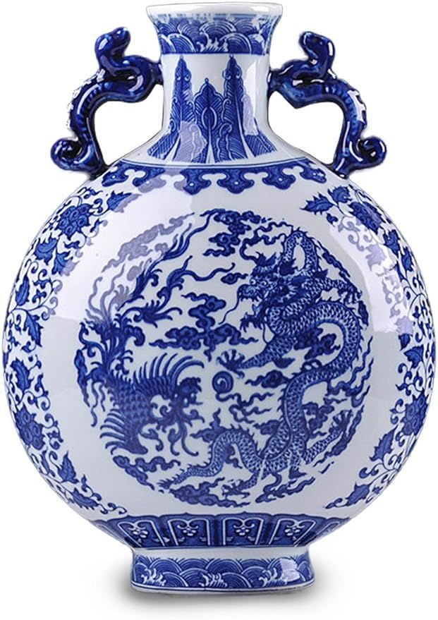Dahlia Chinese Dragon Motif Blue and White Porcelain Flower Vase, 12-Inch, Binaural Vase #8 | Amazon (US)