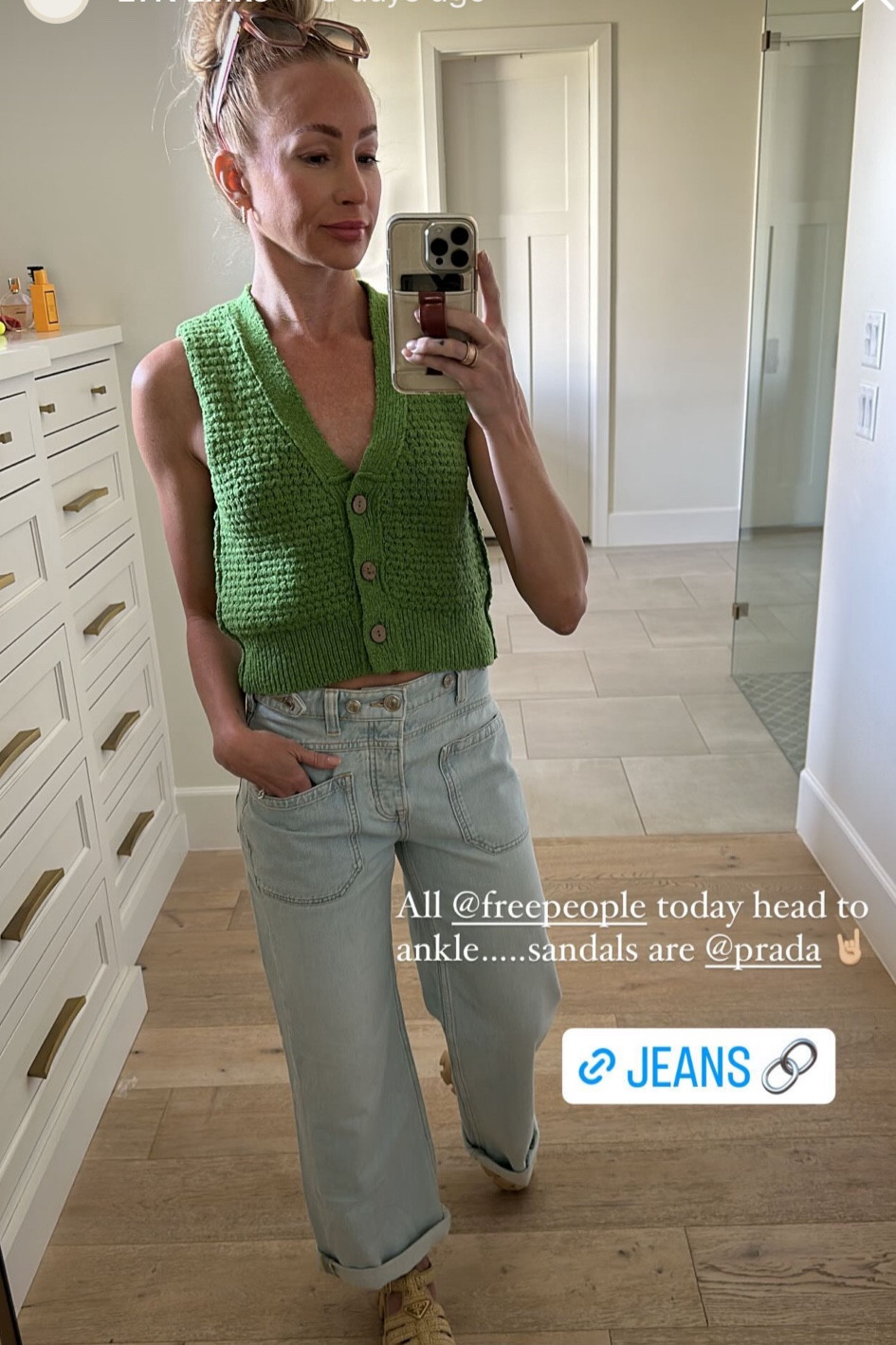All Free People head to ankle…Prada monolith sandals. Wearing a small in the sweater vest and 25 in jeans. 

#LTKOver40