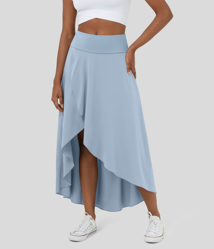 Breezeful™ High Waisted High Low Ruffle 2-in-1 Flowy Quick Dry Casual Regular Maxi Skirt | HALARA
