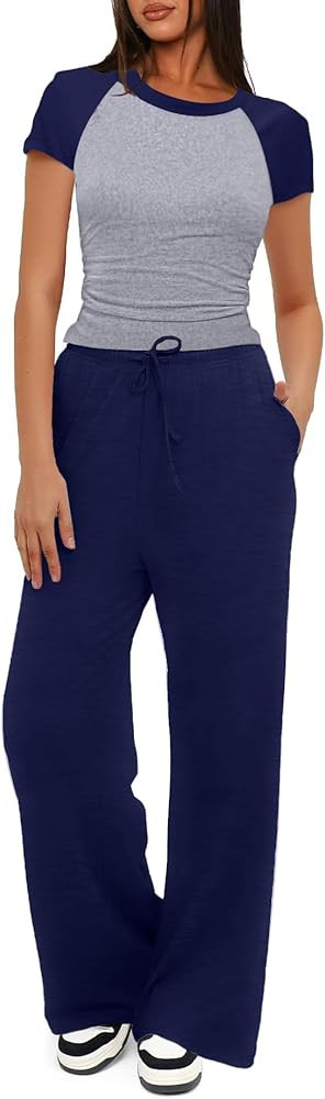 Ekouaer Women's 2 Piece Lounge Sets Short Sleeve Top and High Waisted Wide Leg Pants Outfits Trac... | Amazon (US)