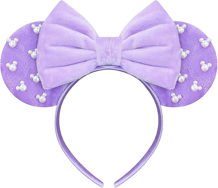 Trnerm Purple Fuzzy Mouse Ears Headband for Women, Cute Beads Headband with Bows，Halloween Cost... | Amazon (US)